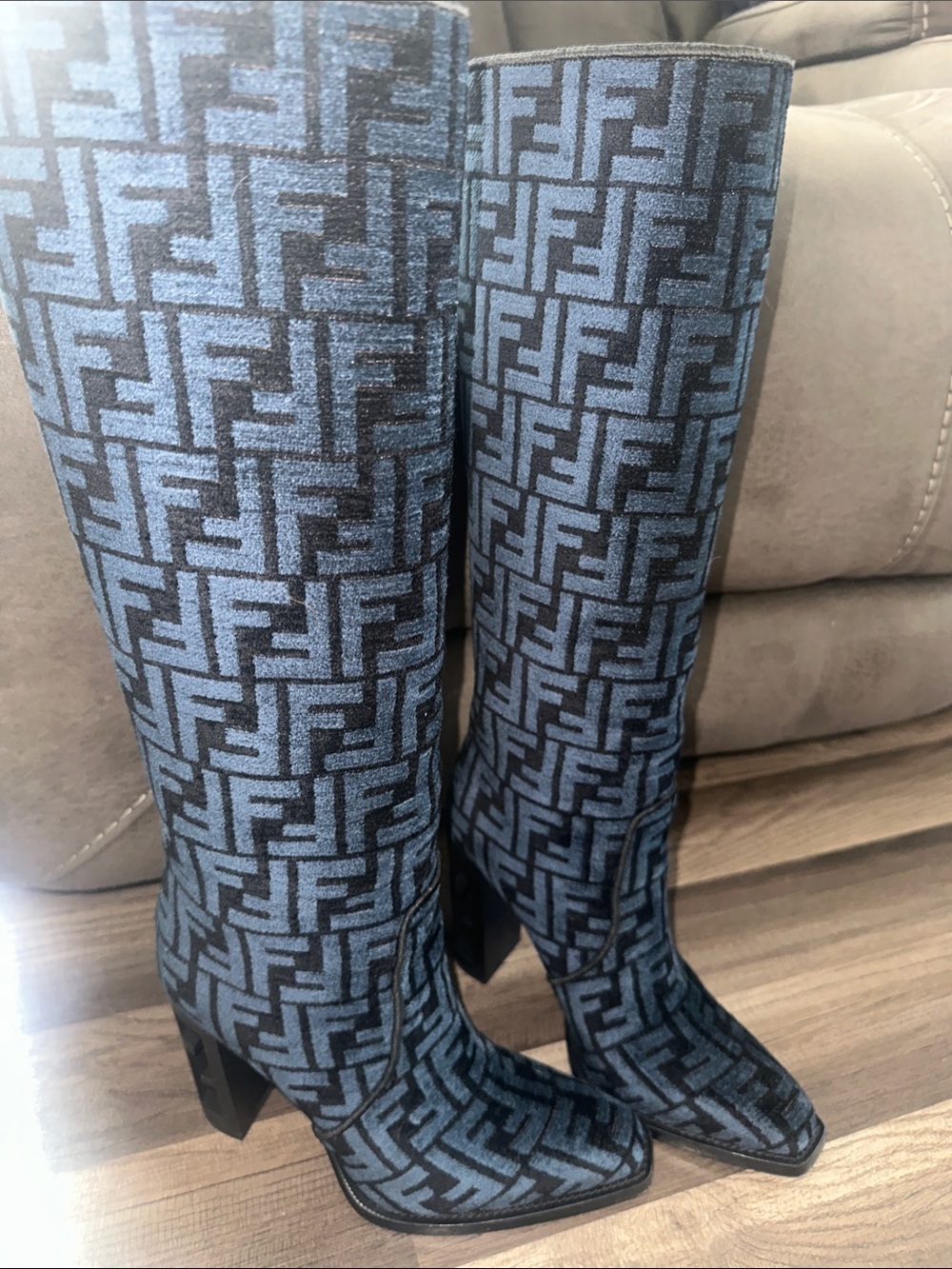 Fendi Blue Patterned Knee-High Women's Boots
